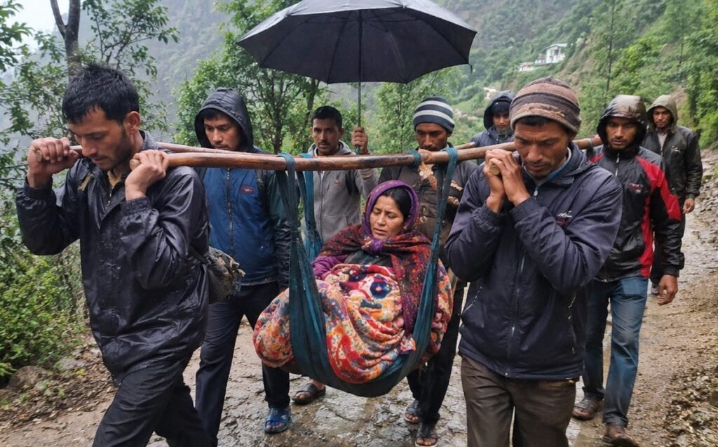 बीमार महिला को डंडी के सहारे पहुंचाया सड़क तक